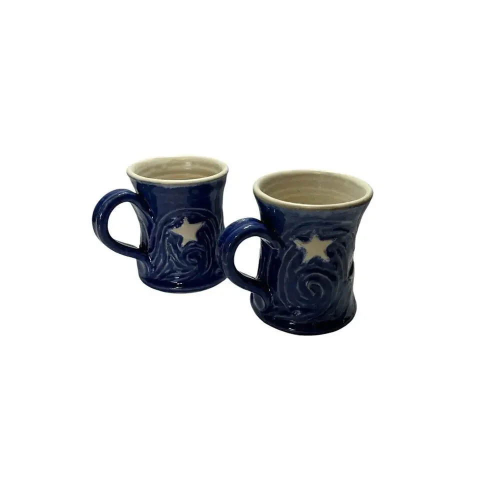 Handmade Art Ceramic Pottery Pair Of Sun And Moon Mugs Blue And White 2 Cups